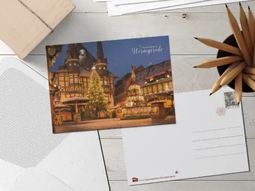 Postkarte Weihnachtsmarkt Wernigerode mit Rathaus