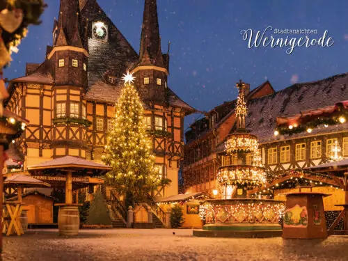Postkarte Weihnachtsmarkt Wernigerode mit Rathaus