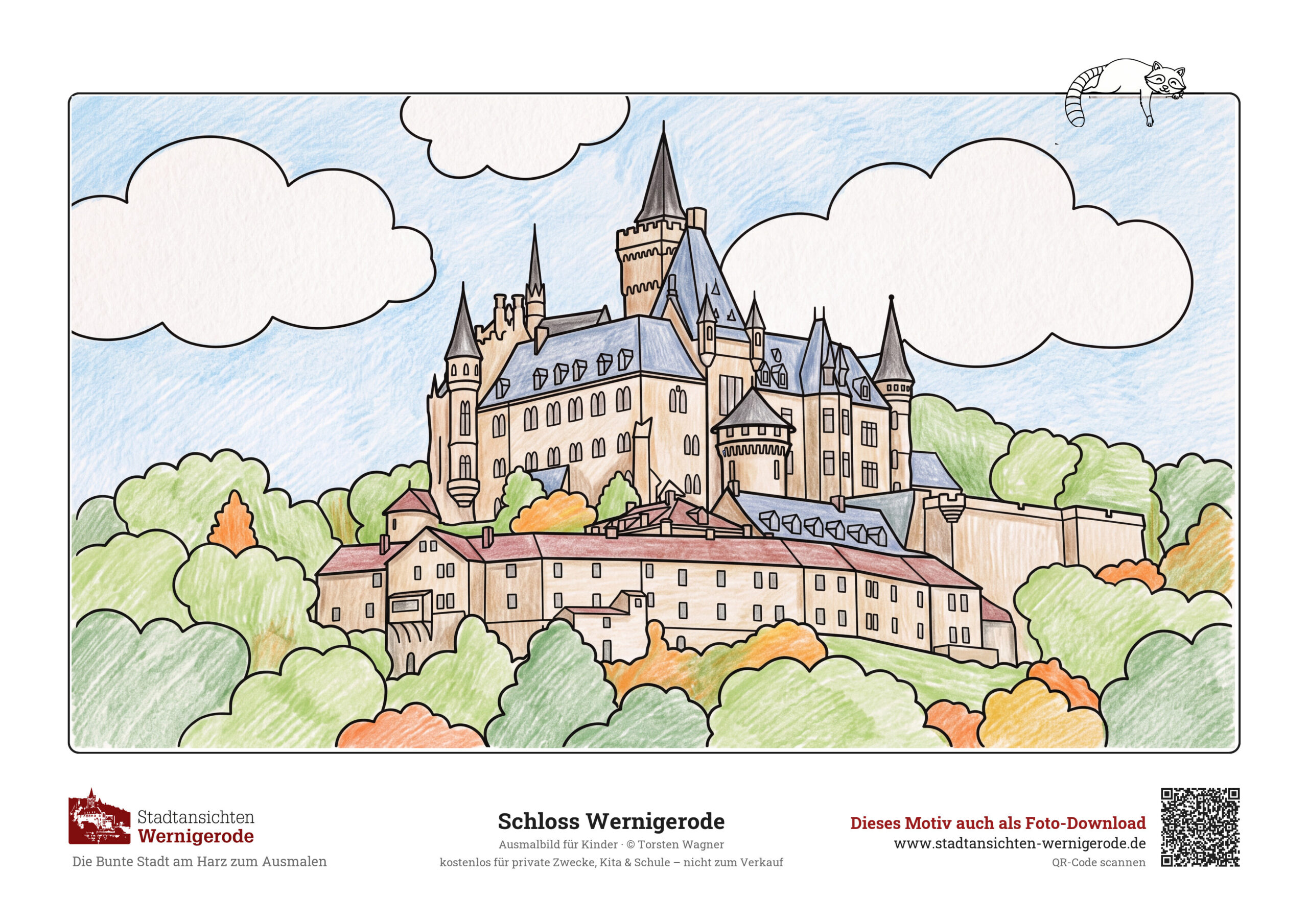 Ausgemaltes Ausmalbild Schloss Wernigerode für Kinder