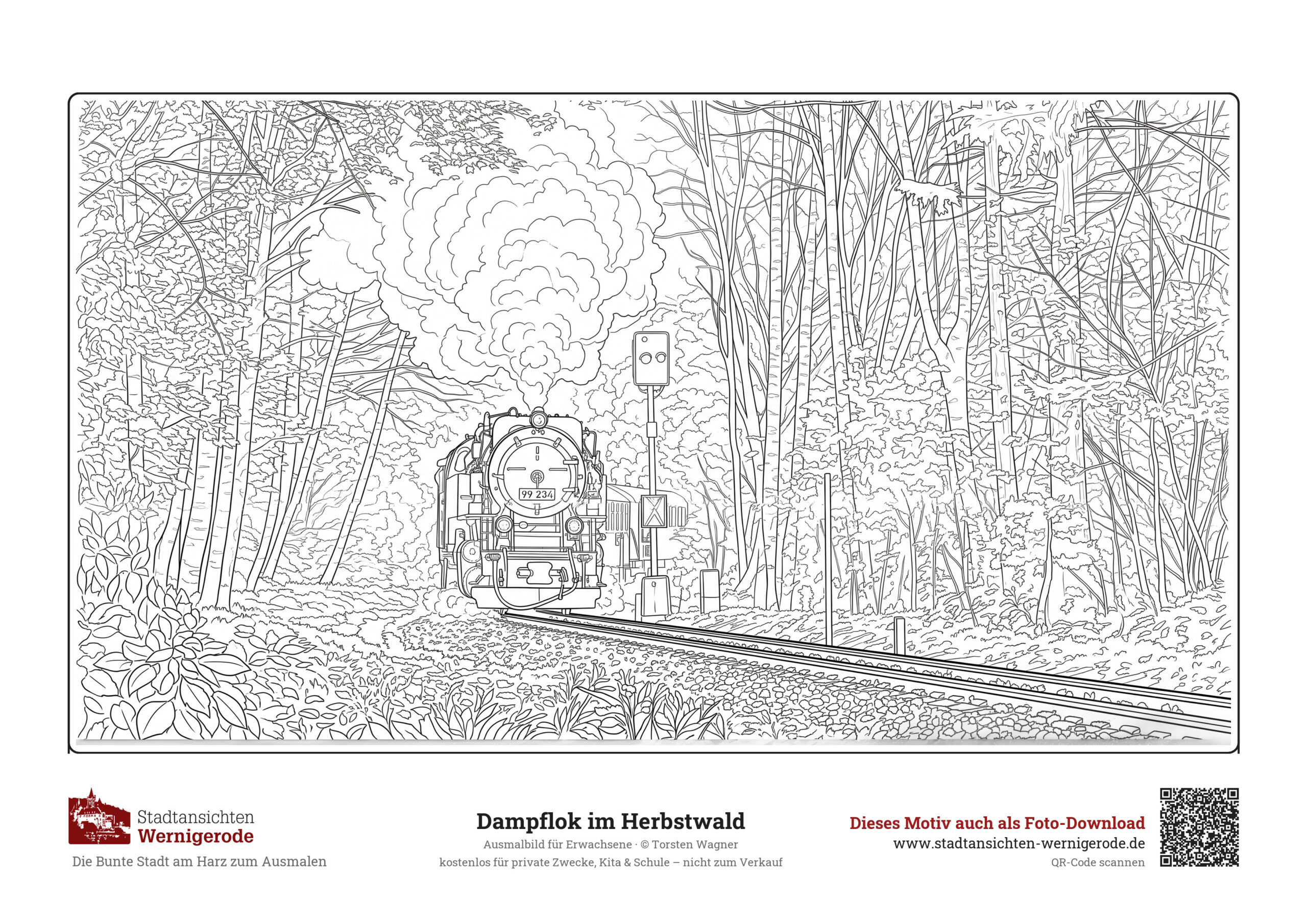 Ausmalbild Dampflok der Harzer Schmalspurbahn im Herbstwald für Erwachsene