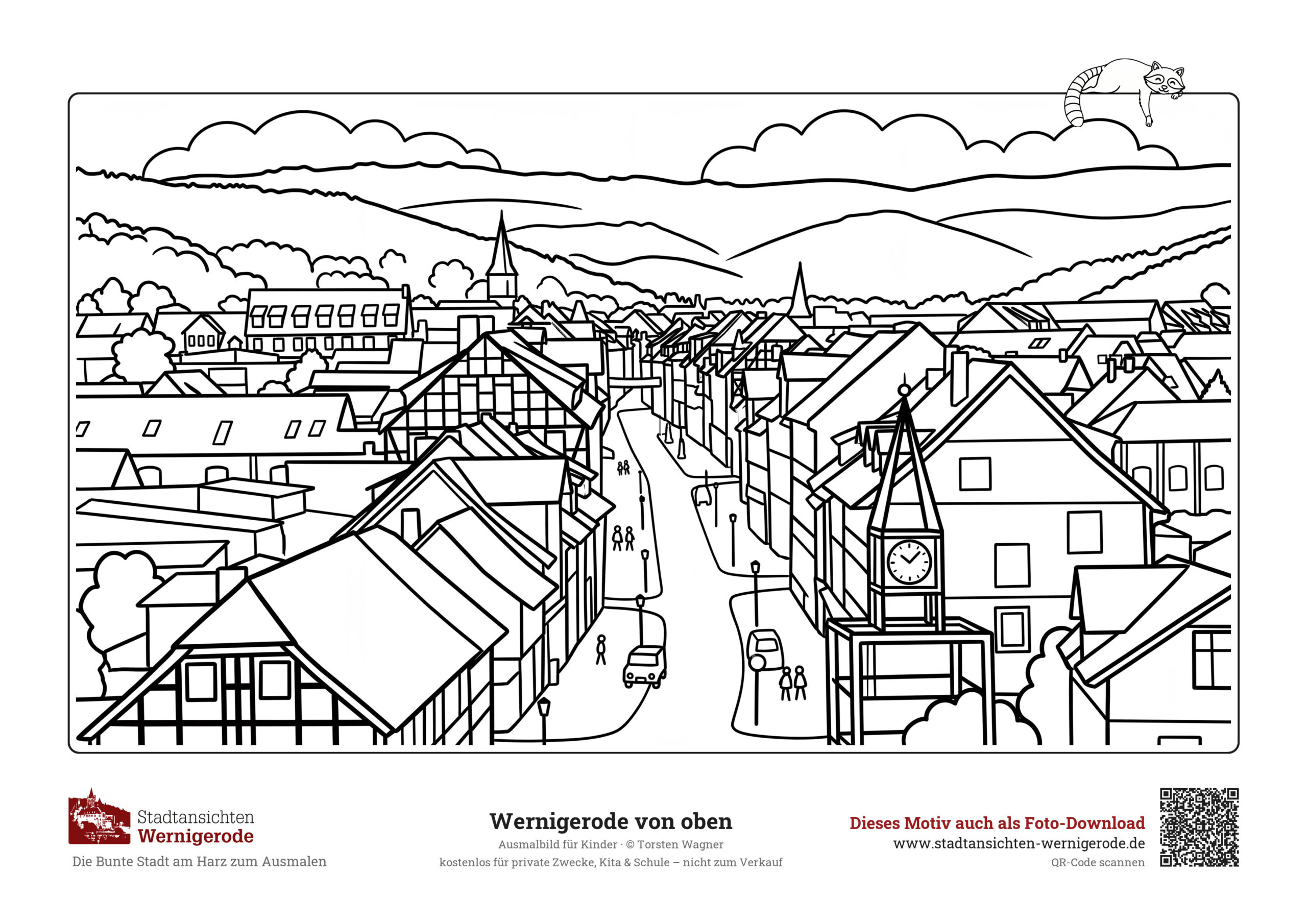 Ausmalbild Wernigerode von oben für Kinder