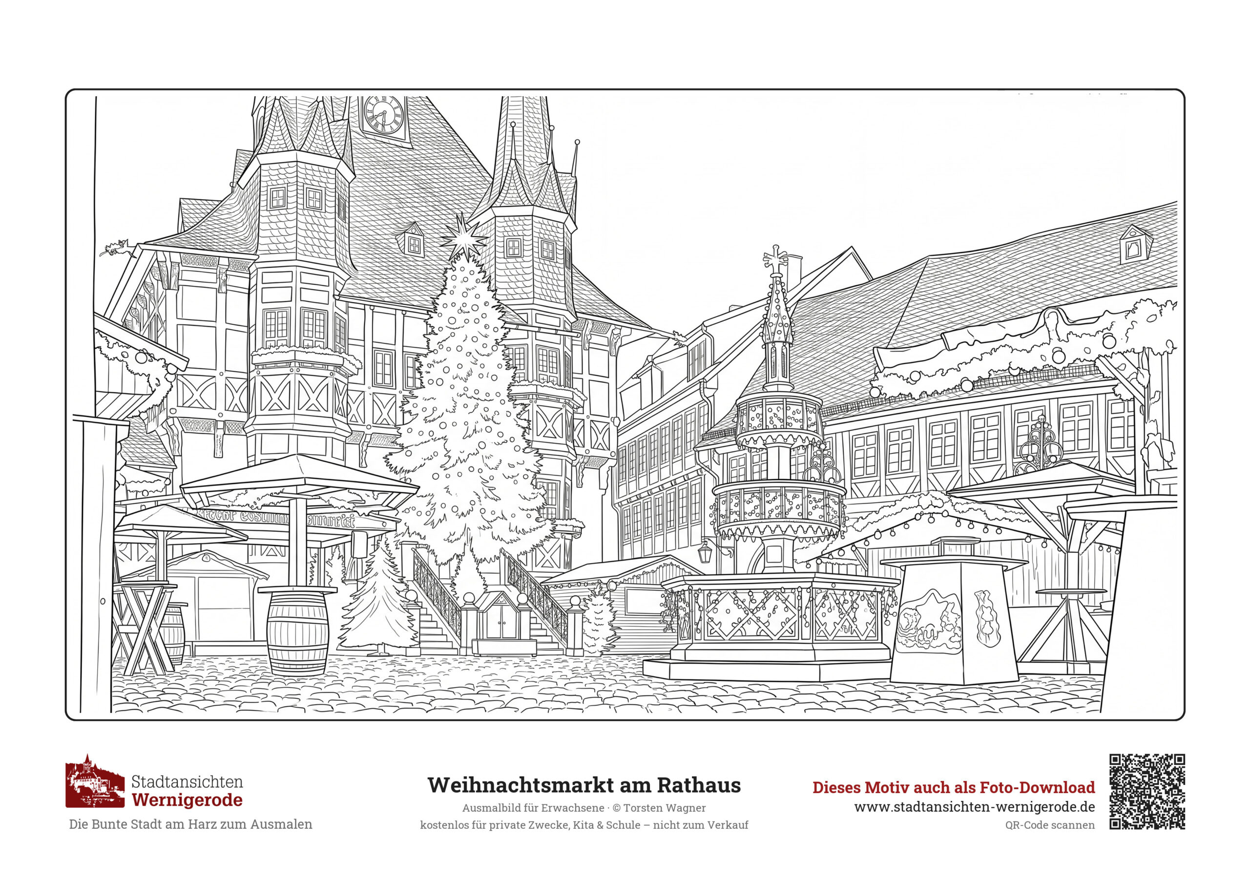 Ausmalbild Weihnachtsmarkt am Rathaus Wernigerode für Erwachsene