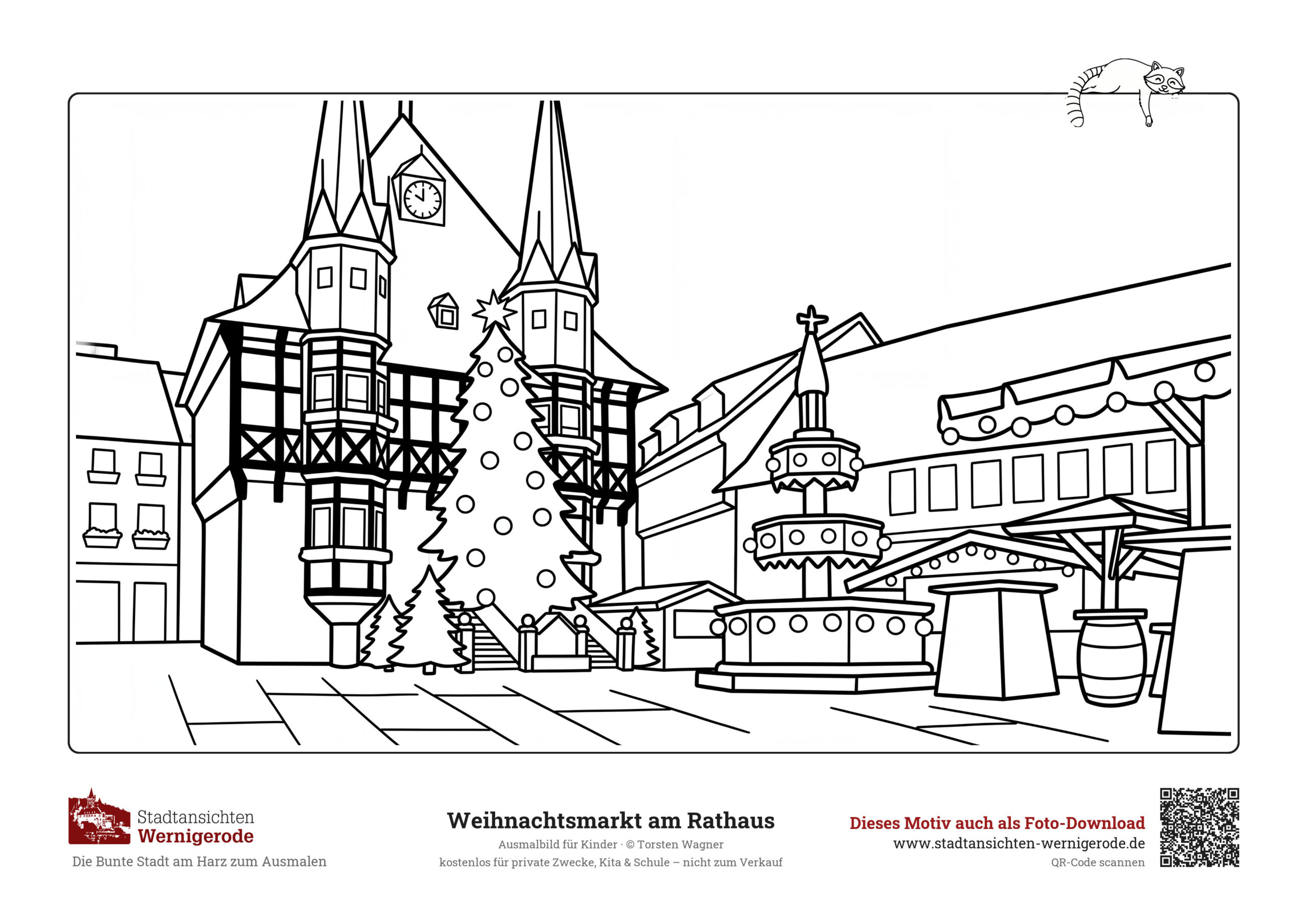Ausmalbild Weihnachtsmarkt am Rathaus Wernigerode für Kinder