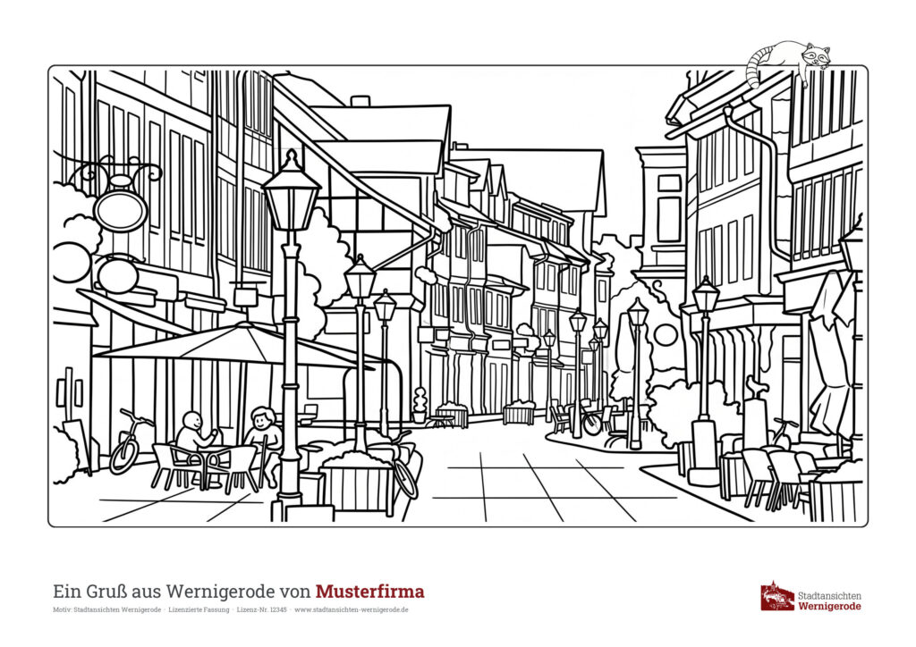 Malblock mit Drucklizenz – Musterblatt Breite Straße Kinder Ausmalbild Breite Straße Kinder mit Fußzeile „Ein Gruß aus Wernigerode von Musterfirma“