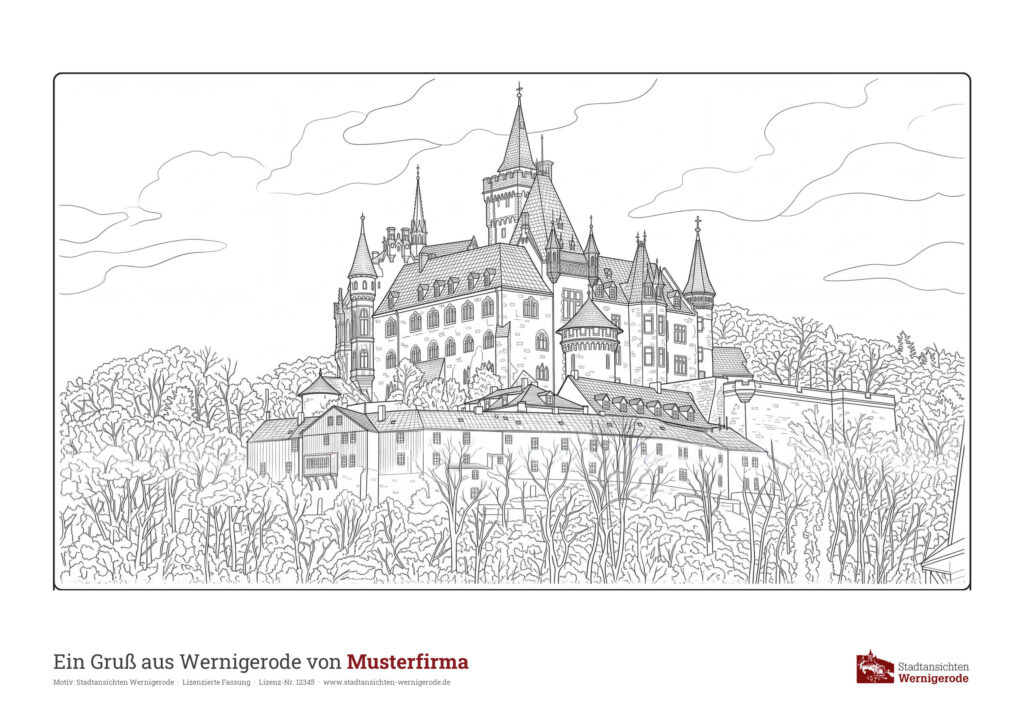Malblock mit Drucklizenz – Musterblatt Schloss Erwachsene Ausmalbild Schloss Erwachsene mit Fußzeile „Ein Gruß aus Wernigerode von Musterfirma“
