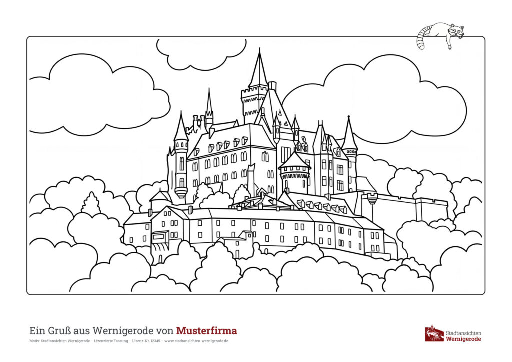 Malblock mit Drucklizenz – Musterblatt Schloss Kinder Ausmalbild Schloss Kinder mit Fußzeile „Ein Gruß aus Wernigerode von Musterfirma“