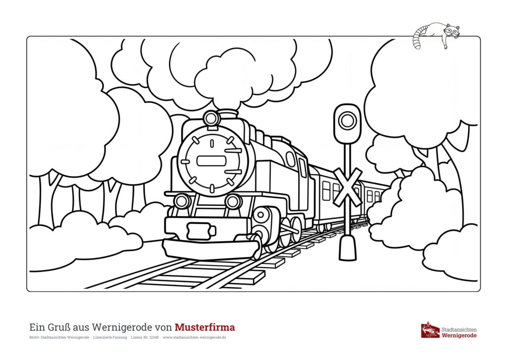 Malblock mit Drucklizenz – Musterblatt Schmalspurbahn Kinder Ausmalbild Schmalspurbahn Kinder mit Fußzeile „Ein Gruß aus Wernigerode von Musterfirma“
