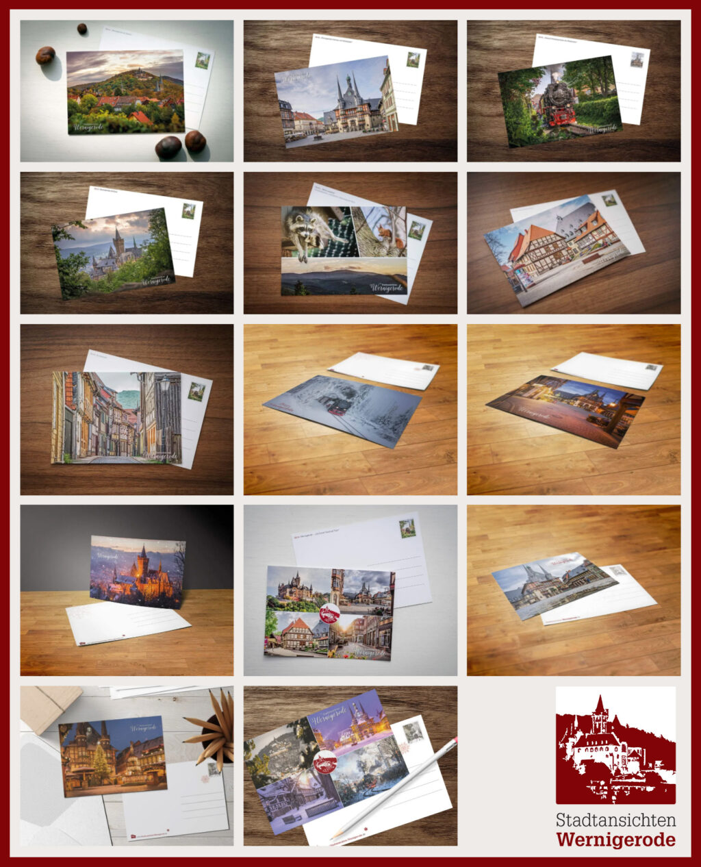 Ansichtskarten aus Wernigerode auf Holztisch arrangiert.