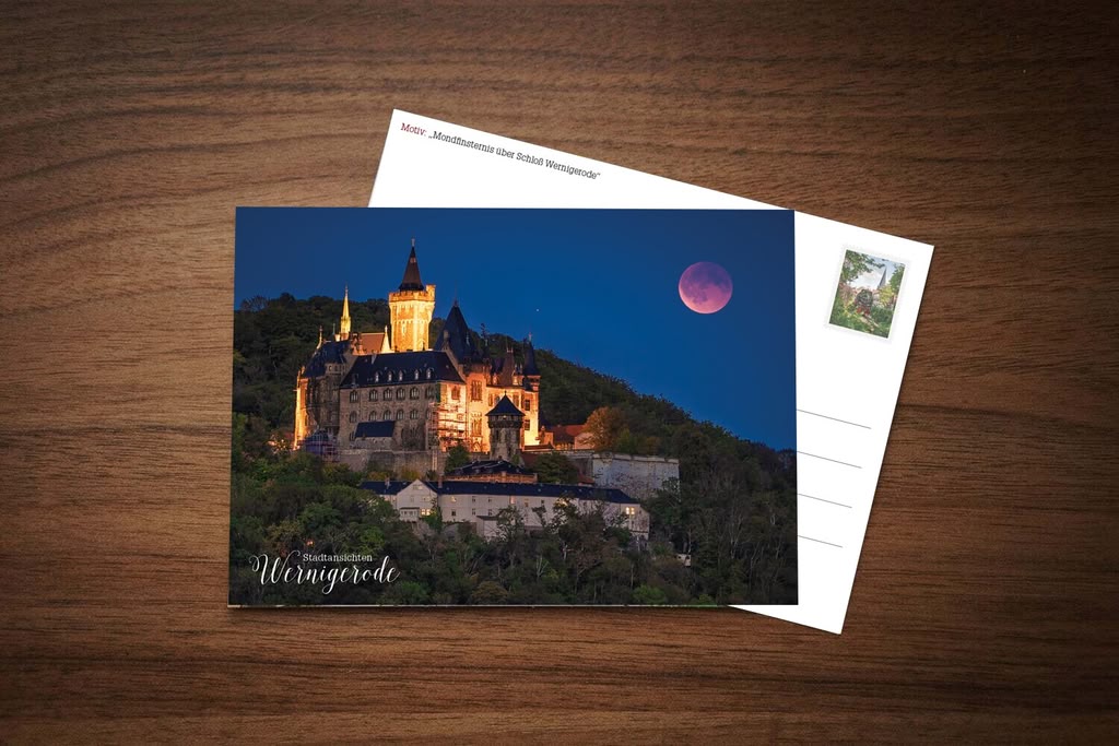 Postkarte Mondfinsternis über Schloß Wernigerode – Ansichtskarte der Stadtansichten Wernigerode