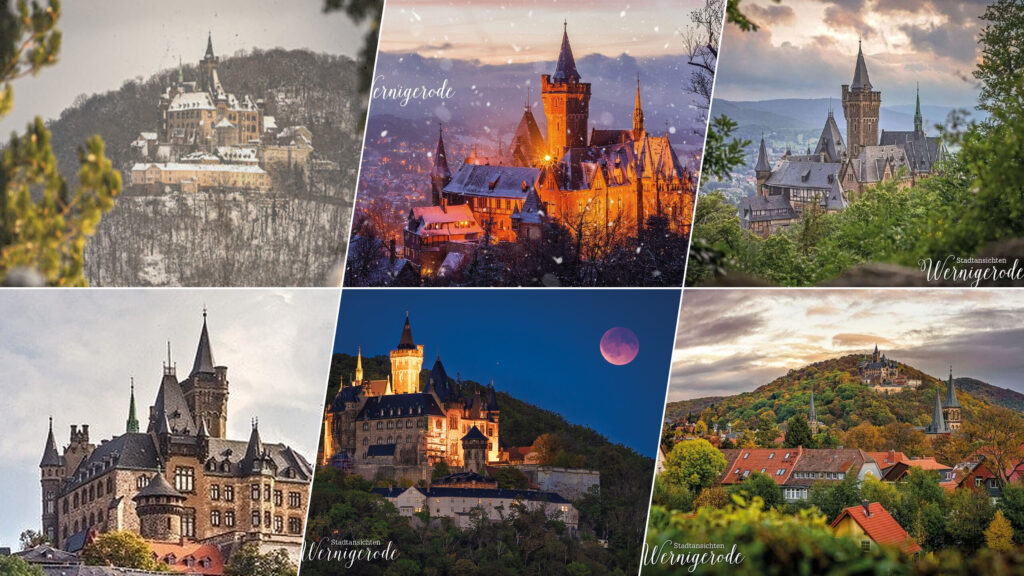 Schloss Wernigerode auf Postkarten: bei Mondfinsternis, im Winter, im Sommer, im Herbst und auf den Viererkarten