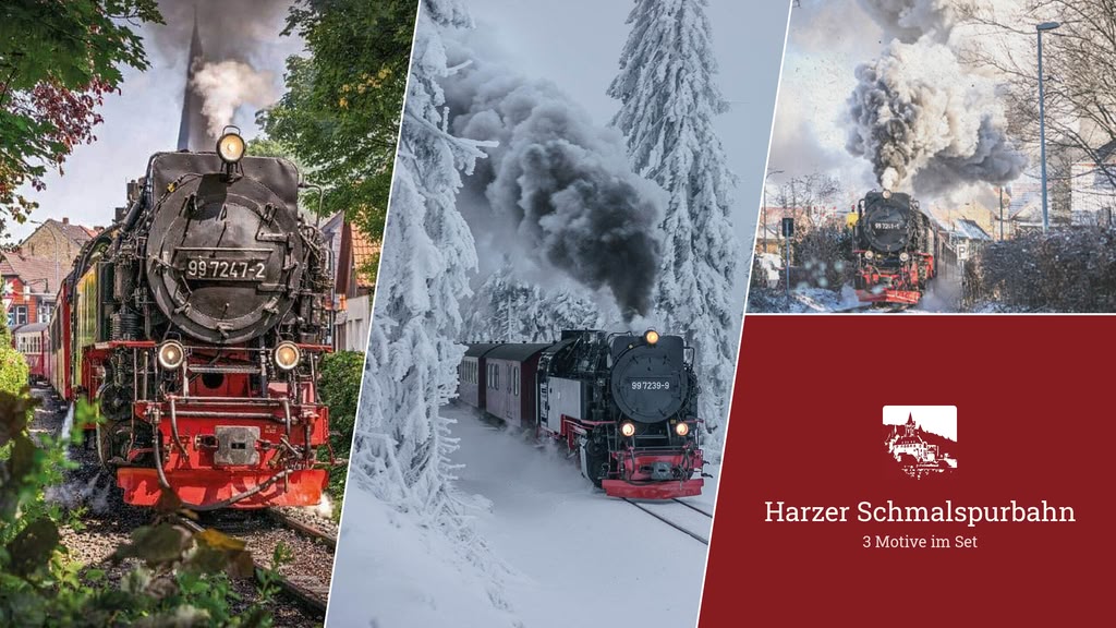 Harzer Schmalspurbahn am Westerntor, im verschneiten Harz und an der Westerntorkreuzung im Winter – Schmalspurbahn-Set mit 3 Motiven