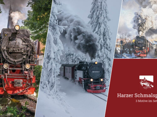 Harzer Schmalspurbahn am Westerntor, im verschneiten Harz und an der Westerntorkreuzung im Winter – Schmalspurbahn-Set mit 3 Motiven