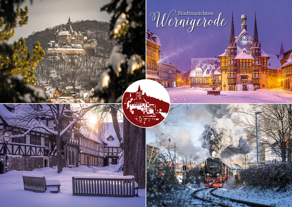 Winter views of Wernigerode with castle, town hall and steam locomotive Winter views of Wernigerode with castle, town hall and steam locomotive