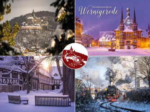 Winter views of Wernigerode with castle, town hall and steam locomotive