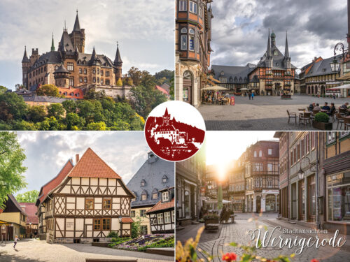 Collage with castle and half-timbered houses in Wernigerode