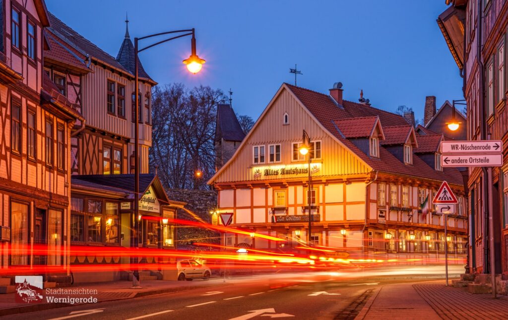 Half-timbered houses with light trails – Wernigerode